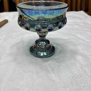 Vintage Indiana Blue Iridescent Carnival‎ Glass Kings Crown Thumbprint Compote